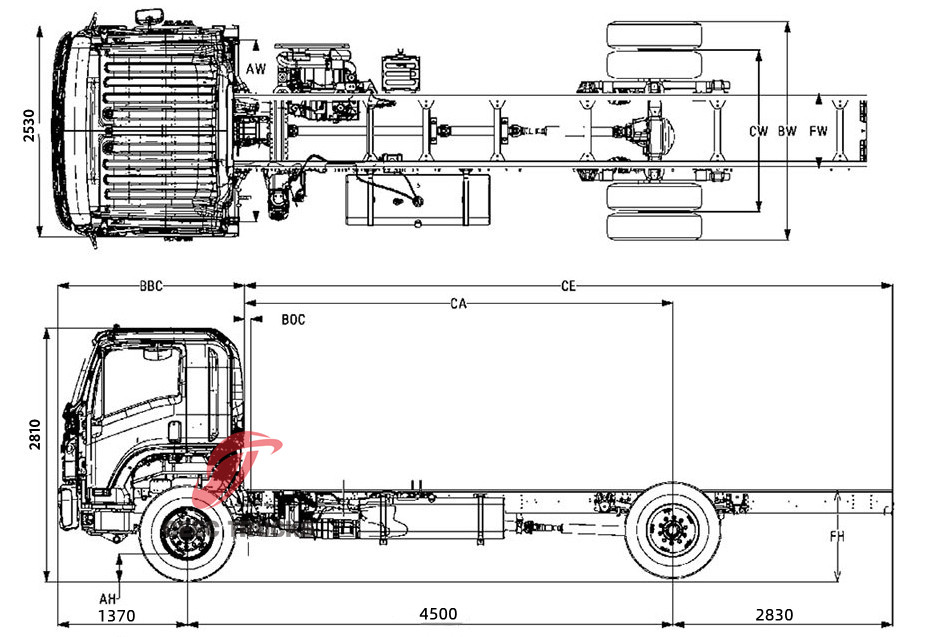 Technical drawing of New ISUZU FVR GIGA 5X cabin chassis truck 18tons