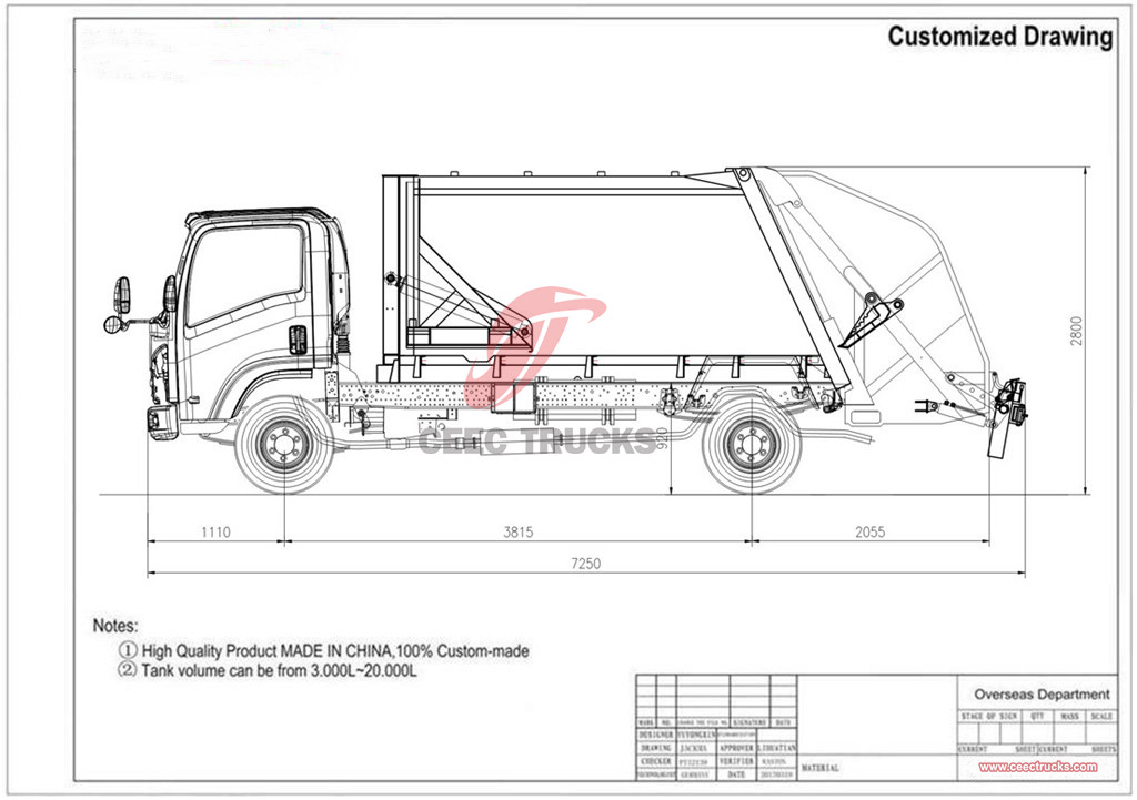 Technical drawing of Isuzu 700P rear loader compactor