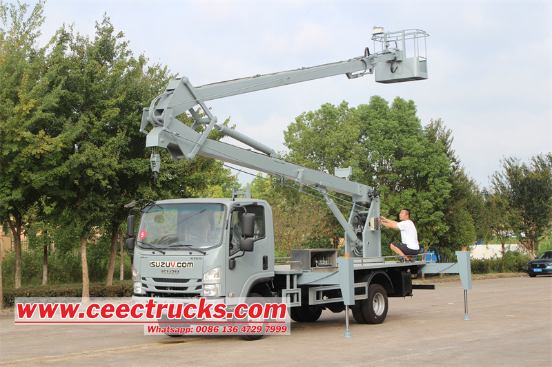 Isuzu aerial bucket truck with knuckle boom